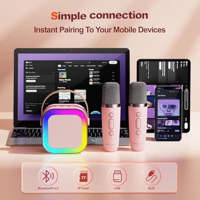 KIDS KARAOKE MACHINE WITH BLUETOOTH SPEAKER, WIRELESS MICROPHONE, PORTABLE DESIGN, PINK - Image 4